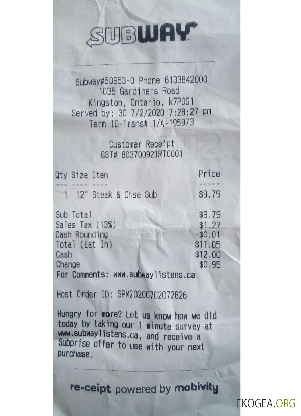 Reçu de paiement de la compagnie de métro du Canada